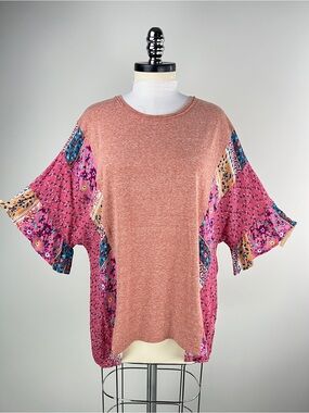 💚 3834. Women's Pink Patchwork Flutter Sleeve Top